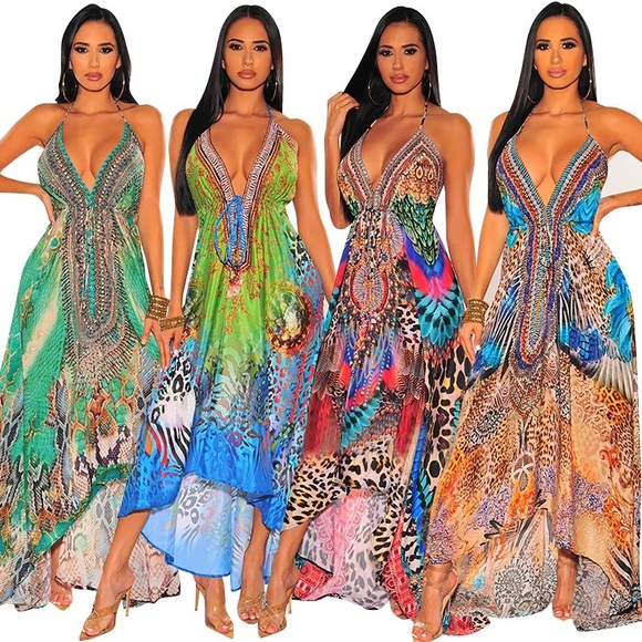 💎 GYPSY SOUL 💎 EXOTIC PRINT LONG MAXI DRESS MOONSTONE NECKLACE RING EARRINGS - Picture 12 of 16
